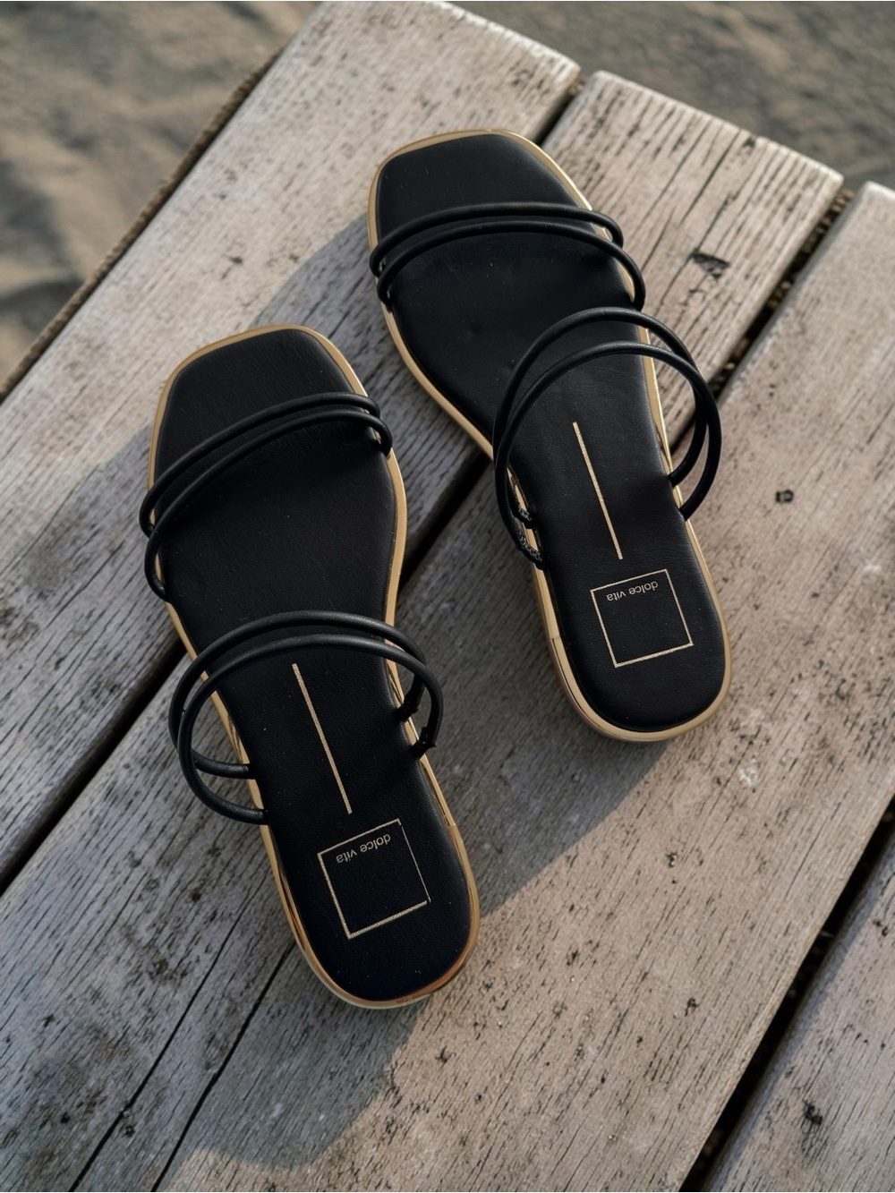 Dolce Vita Black Double-Strap Slide Sandals with Gold Trim Women’s Size 9 US
